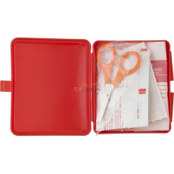 Apteczka, zestaw pierwszej pomocy w etui, zawiera 5 plastrów, 2 chusteczki nasączone alkoholem, 1 rolkę taśmy oraz 1 nożyczki